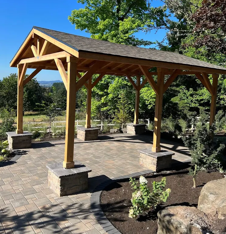 Custom timber frame pavilion and paving stone patio — Going Yard outdoor structures Edmonton